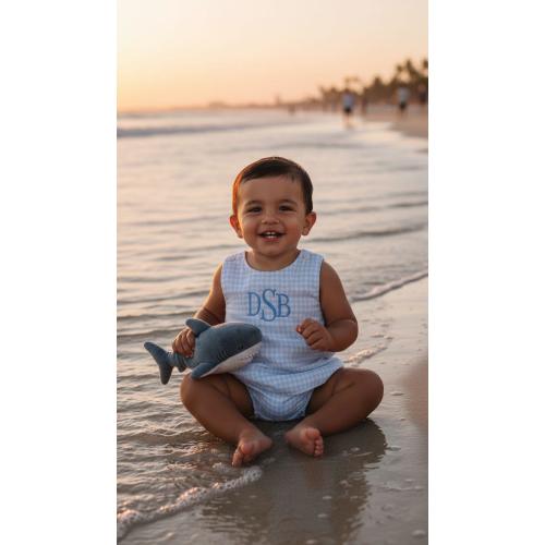 Embroidered Monogram Baby Boy Outfit, Blue Gingham Romper