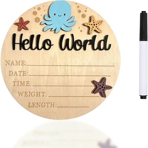 Baby Announcement Sign, 5.9 Inch Hello World Newborn Sign for Hospital, 3D Wooden Ocean Nursery Decor with Octopus & Starfish, Birth Stats Plaque with Marker, Arrival Photography Prop for Boy (Black)