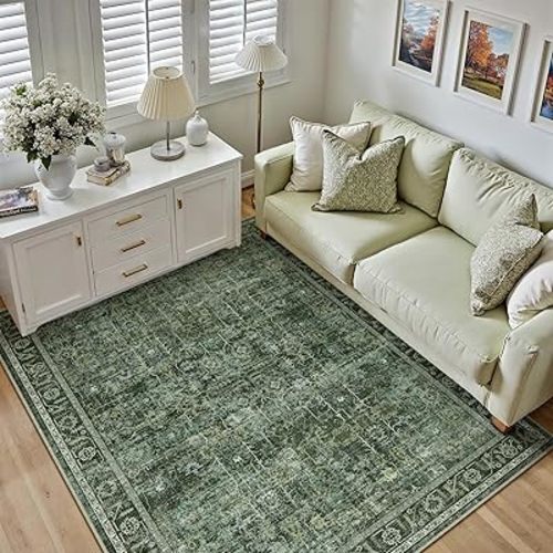 4x6 Washable Area Rug Dark Green Vintage Entryway Kitchen Distressed Retro Carpet Non Slip Low Pile Soft Throw Rug for Bedroom Office Indoor Dining Room Laundry Balcony Decor