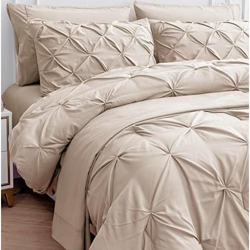 Twin Comforter Set - 5 Pieces Pintuck Twin Bed in A Bag, Pinch Pleat Twin Bedding Sets with Comforters, Sheets, Pillowcases & Shams - Beige