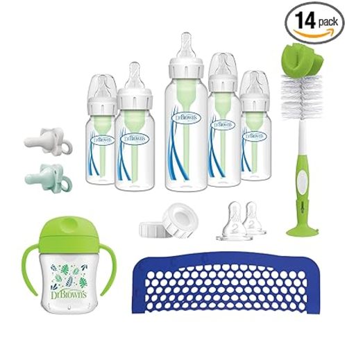 Dr. Brown's Natural Flow Anti-Colic Options+ First Year Feeding Set with Newborn Baby Bottles, Soft Spout Transition Cup, Bottle Cleaning Brush & 100% Silicone HappyPaci Pacifier, 0m+