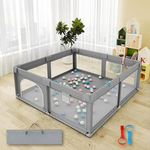 Baby Playpen, Play Pens for Babies and Toddlers, Mini Baby Fence Play Area,Safe Anti-Fall Play Yard with Gates, Small Playpen for Babies with Breathable Mesh, with Pull-Up Ring(Grey, 36" x36")
