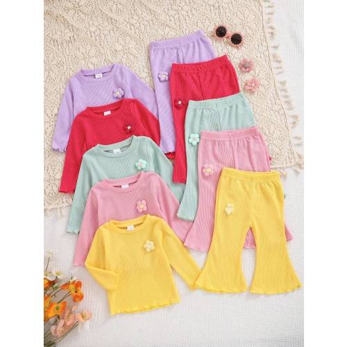 10pcs/Set Baby Girls' Casual Solid Color 3D Floral Soft Comfortable Ribbed Fabric Long Sleeve Top And Pants Set, Suitable For Holidays, Birthdays, Parties, Daily Outdoor Picnics | SHEIN USA