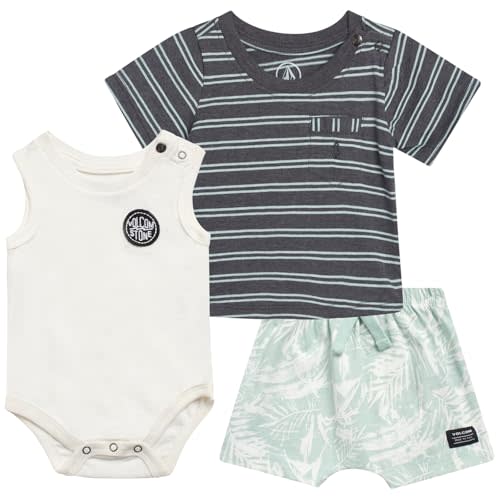 Volcom Baby Boys 3 Piece Set Onesie T-Shirt and Shorts (0-24 Months) | Soft Breathable Cotton, Lap-Shoulder Bodysuit, Snap Closures, Elastic Waist Bottoms, Easy Dressing for Newborns