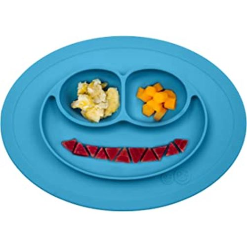 ezpz Mini Mat (Blue) - 100% Silicone Suction Plate with Built-in Placemat for Infants + Toddlers - First Foods + Self-Feeding - Comes with a Reusable Travel Bag