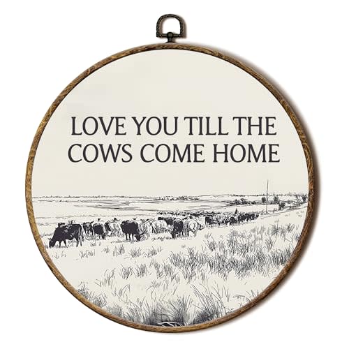 FSTCSV Rustic Western Cow Round Wall Art Framed, Western Cowboy Cows Canvas Prints Wall Hanging Art, Farmhouse Love You Till The Cows Come Home Circle Walls Decor for Home Living Room Bedroom,10x10in
