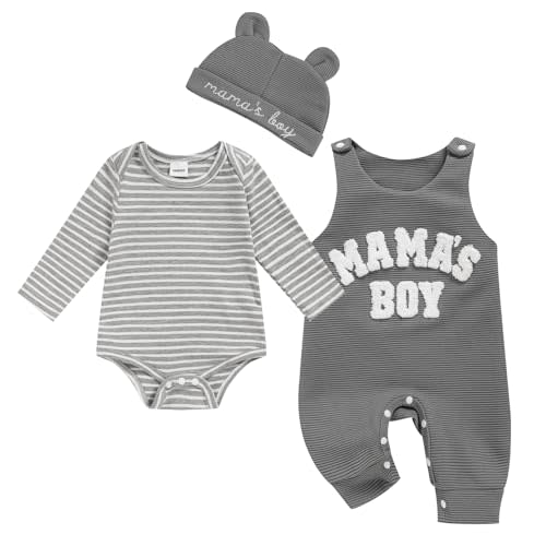 Viworld Newborn Baby Boy Clothes Mama's Boy Overalls Striped Long Sleeve Romper Hat 3Pcs Fall Winter Outfits