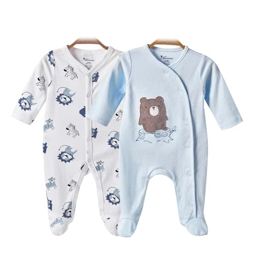 Minicoco Baby 2-Pack Cotton Footed Romper, Snap Footies for 0-12 Months Infants