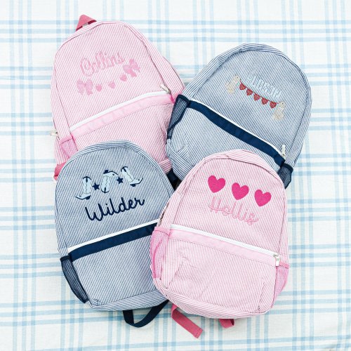 Seersucker Backpack with Motif // Monogrammed Backpack, Custom Name, Seersucker School Bag, Diaper Bag, Book Bag, Preschool Backpack, Kids