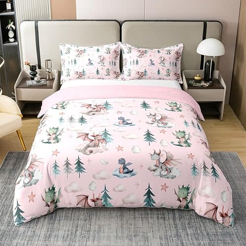 jejeloiu Cute Dragon Duvet Cover 100% Cotton Twin Size Baby Dragon Bedding Set for Boys Girls Kawai Cloudy Comforter Cover Tree Botanical Bedroom Decor 2Pcs Light Pink Zipper with 1 Pillowcases