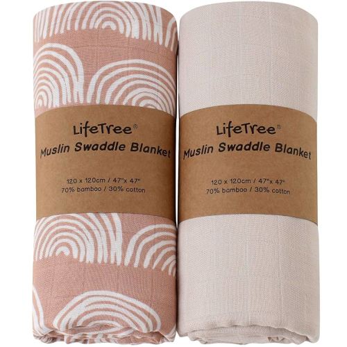 LifeTree Muslin Baby Swaddle Blankets, Baby Swaddling Receiving Blanket for Boys & Girls, 70% Viscose from Bamboo & 30% Cotton, Large 47 x 47 inches Rainbow & Ivory White