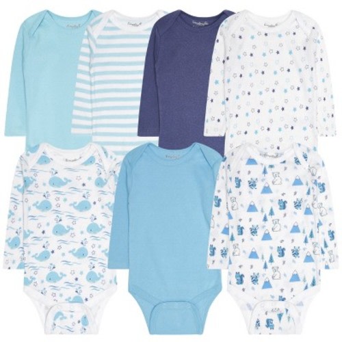 Everyday Kids 7-Pack Blue And Printed Long Sleeve Baby Bodysuits for Boys – Soft Cotton Essentials, 0/3 Months
