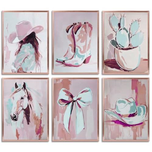 6Pcs Pink Western Cowgirl Canvas Wall Art Coastal Cowgirl Horse Bow Posters Prints Trendy Preppy Room Wall Decor Pictures for Living Room Bedroom Home Decoration 8x10in Unframed