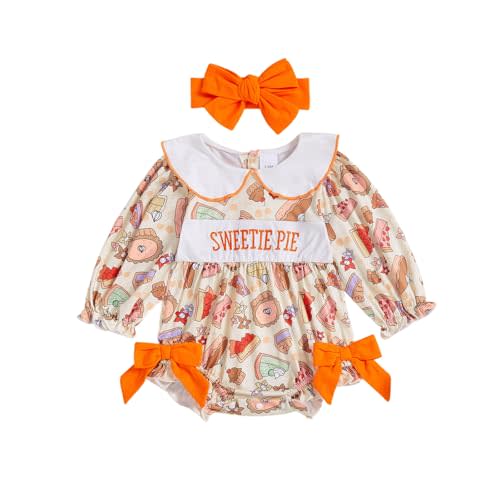 Yxniwxe Thanksgiving Baby Girl Outfit Sweetie Pie Puff Long Sleeve Smocked Romper Cake Print Doll Collar Bodysuit Headband
