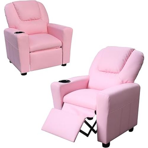 Kids Recliner PU Leather Lounge Chair, with Footrest and Cup Holders Push Back Toddler Recliner, Ergonomic Toddler Furniture Sofa 3+ Age Group Kid Recliners for Girls Boys (Pink)