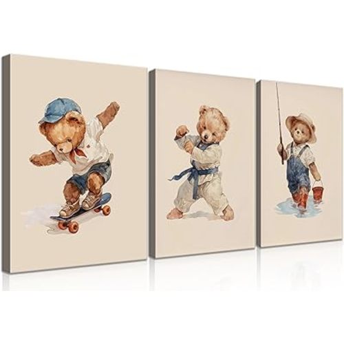 Watercolor Teddy Bear Wall Art Set of 3 - Vintage Cute Bear Playing Skateboard, Karate, Fishing Canvas Prints - Neutral Nursery Decor for Boys Room, Kids Bedroom, Playroom Wall Decor framed 12x16In