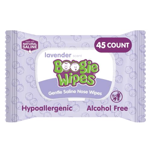 Boogie Gentle Saline Nose Wipes Lavender Scent - 45 Count | Hypoallergenic & Alcohol-Free, Allergy Relief, Made with Natural Saline, Aloe, Chamomile & Vitamin E, Diaper Bag Essential