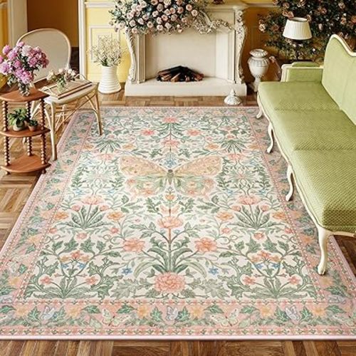 Collive 8x10 Pink Butterfly Rugs for Living Room, Vintage Insect Girls Bedroom Area Rug Washable, Boho Floral Non Slip Large Floor Carpet for Dining Room Kids Room Office