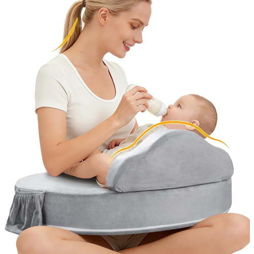 ACGROW Nursing Pillow - Memory Foam Bottle & Breastfeeding Pillow with Safety Fence - Ergonomic Support, with Wider Breast Feeding Cushion, Adjustable, Removable Cover, Baby Safety Certified Gray