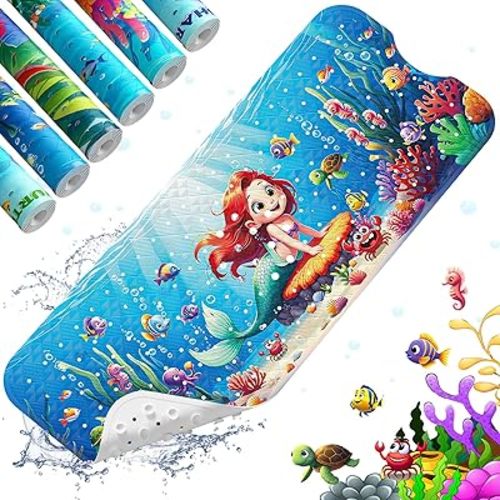 XIYUNTE Baby Bath Mat for Tub Non Slip Kids Bath Mat - 40''x16'' Extra Long Cartoon Bathtub Mat Non Slip Kids Shower Mat Eco-Friendly Toddler Bath Mats with Suction Cups, Machine Washable, Mermaid