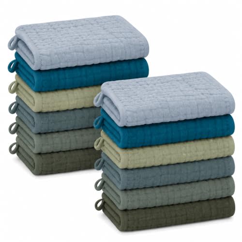 SWEET DOLPHIN 12 Pack Baby Muslin Washcloths - Face Cloths for Newborn, Absorbent Bath Wash Cloths, Wipes, Burp Rag - Toddlers Essentials Stuff, Baby Registry as Shower -10"x10", Ocean Dip