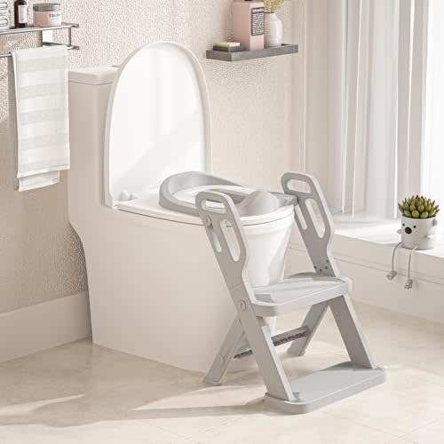 Toddler Potty Training Toilet Seat-Alongside Foldable Potty Train Chair Adapter, Potty Seats with Steps Ladder for Toddlers Kids, Boys, Girls, Child, Baby, and Must-Haves Portable Step Stool Supplies