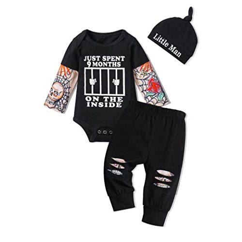 Baby Boy Clothes Tattoo Sleeve Funny Romper Bodysuit+Pants 3PCS Infant Outfits Set