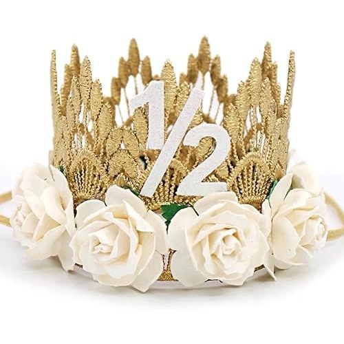 LOVECRUSH Crowns ½ Half Birthday Gold Lace Crown with White Roses, Half Birthday Decoration for Girls, Gold Lace Tiara for Baby Girls, One Half Birthday Crown