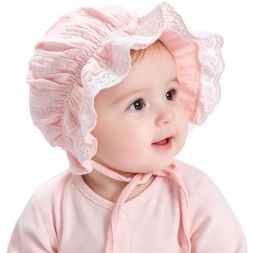 Baby-Girl Soft-Breathable-Bonnet - Newborn-Infant Eyelet-Beanie Sun-Hat with Lace Ruffle Trim