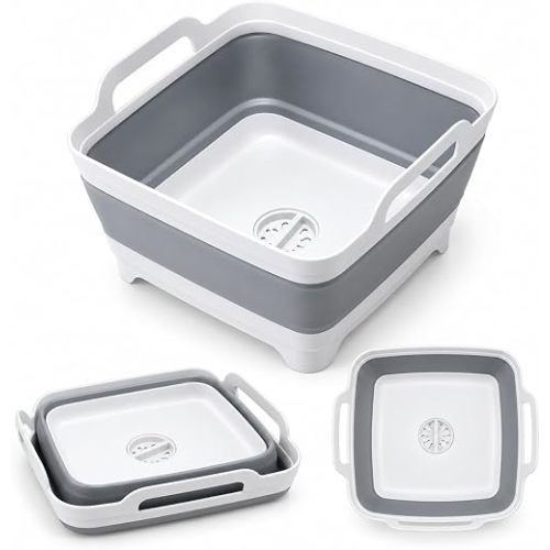 Vamako Collapsible Wash Basin with Drain Plug - 2.4 Gallon Foldable Wash Basin for Baby Bottles, Space-Saving Dish Pans for Washing Dishes in Sink, Collapsible Laundry Tub, Portable RV Camping Bin
