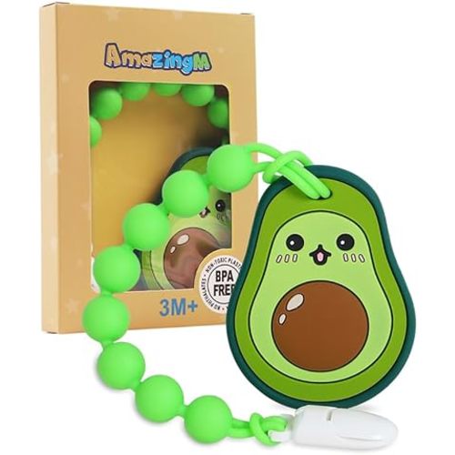 Baby Food Grade Silicone Teether Toy with Pacifier Clip Holder,Teething Toys Gift Set for 3 Months+ Boys and Girls,Freezer Safe,BPA Free. (Avocado)
