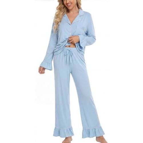 Women Bamboo Viscose Pajama Sets Ruffled Cuff Hem Long Sleeve Fancy Yarn 2 Piece Loungewear Loose Fit Drop Shoulder