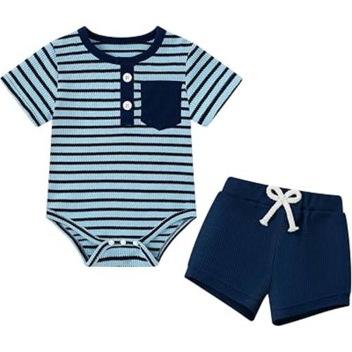 Coco&RARA Baby Boy Clothes outfits 0-24 Months Summer Newborn Infant | Soft, Cute Short Sleeve Buttons Rompers, Crew Neck, Elastic Waist Shorts Set, Spring Summer Fall, Toddler Little Kids