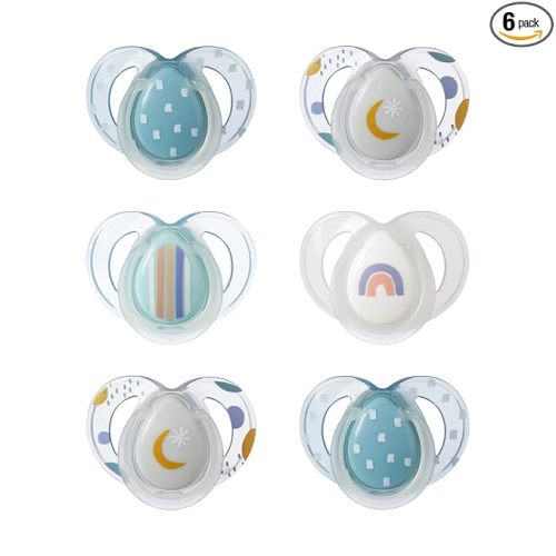 Tommee Tippee Night Time Pacifier, 6-18 Months, Symmetrical Silicone Baglet, BPA-Free Binkies, Glow in The Dark Technology, Blue Rainbow, Pack of 6