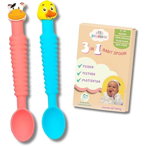 3-in-1 Silicone Baby Spoon Self Feeding 6+ Months - Pediatric OT Designed Teether Spoon, BPA Free Toddler Utensils, Mess-Free, Fun for Baby Led Weaning Supplies, Cow & Duck