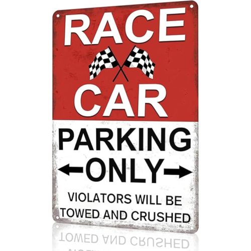 8X12 Inch Vintage Race Car Parking Decor - Distressed Tin Metal Wall Decor for Boys' Room, Man Cave & Garage - Durable Outdoor Safe Rustic Motorsport Gift for Kids, Teens, Car Enthusiasts