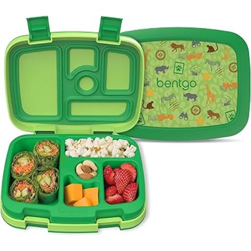 Bentgo Kids Prints Leak-Proof, 5-Compartment Bento-Style Kids Lunch Box - Ideal Portion Sizes for Ages 3-7, Durable, Drop-Proof, Dishwasher Safe, & PFAS & BPA-Free Materials (Safari)