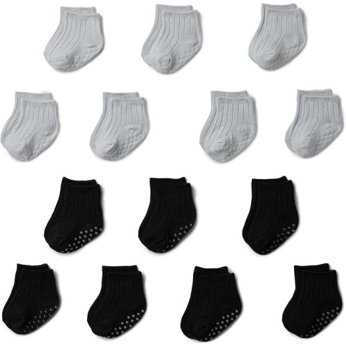 Amazon Essentials Unisex Babies' Non Slip Grip Ribbed Ankle Socks, 14 Pairs
