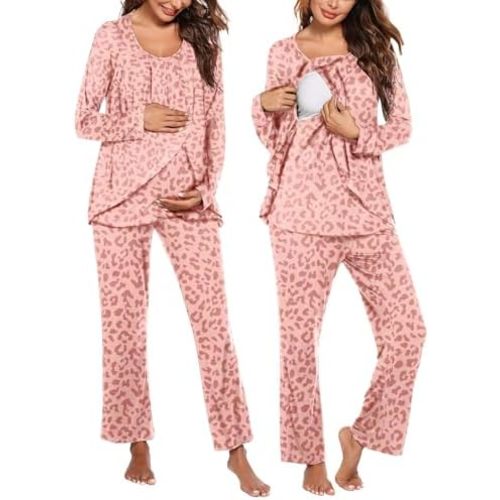 Ekouaer Maternity Nursing Pajama Set Long Sleeve Top & Pants with Pockets Breastfeeding Sleepwear Double Layer Pregnancy