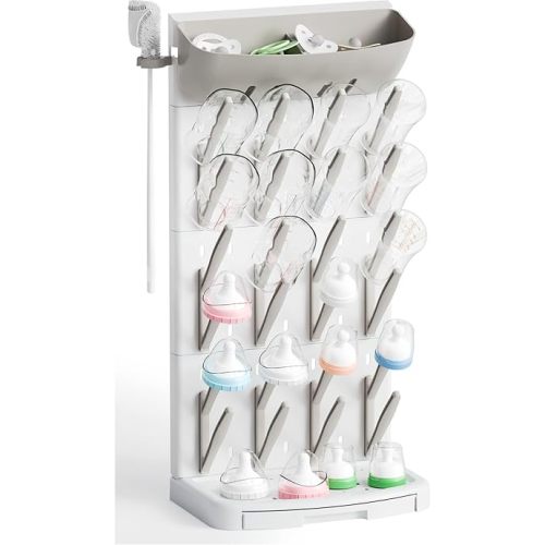 SuoXing Vertical Baby Bottle Drying Rack with Brush- Hold 24 Bottles - Large Breast Pump,Bottle Dryer Rack for Kitchen Countertop,Space Saving Bottle Stand Holder for Pacifiers,Pump Accessories,Grey