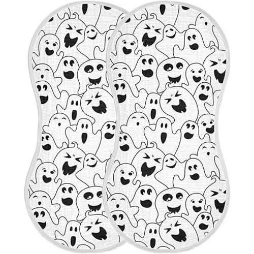 Muslin Burp Cloths for Baby Boys and Girls - 2-Pack Ultra Absorbent Halloween Ghosts Muslin Washcloths, Newborn Towel, Milk Spit Up Rags, Burp Cloth Bibs for Unisex, 22 x 11 Inch