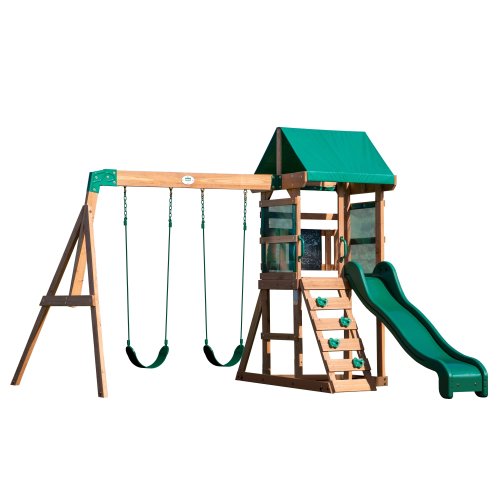Backyard Discovery Buckley Hill Cedar Wood Swing Set, Slide, Play Deck - 10'3" x 8'11"