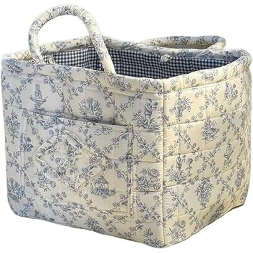Foldable, Washable Bag with Handles, Boho Fabric Floral Bags, Fabric Baskets for Storage, Quilted Laundry Basket, Versatile Organizer for Decor, Floral Pattern Quilted Cotton Storage Basket(#d)