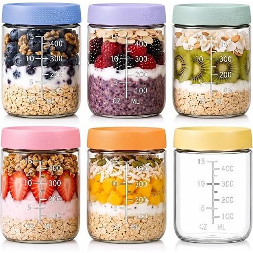 16 oz Overnight Oats Jars, 6 Pack Glass Containers with Measurements