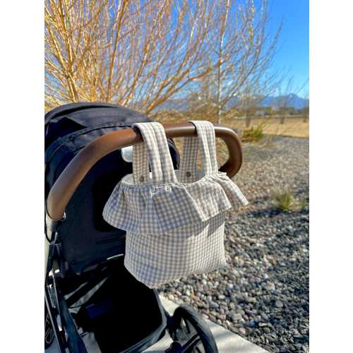 Beige Gingham Check Ruffle Stroller Bag, Handmade Snap-On Cotton Diaper Stroller Basket, Mother's Day Gift- PREORDER