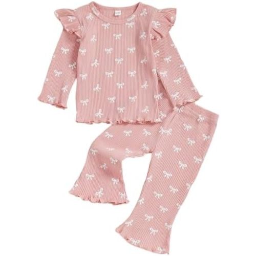 Seyurigaoka Toddler Baby Girl Fall Clothes Bow Print Long Sleeve Ruffle T Shirt Top Flare Pants Two Piece Outfit