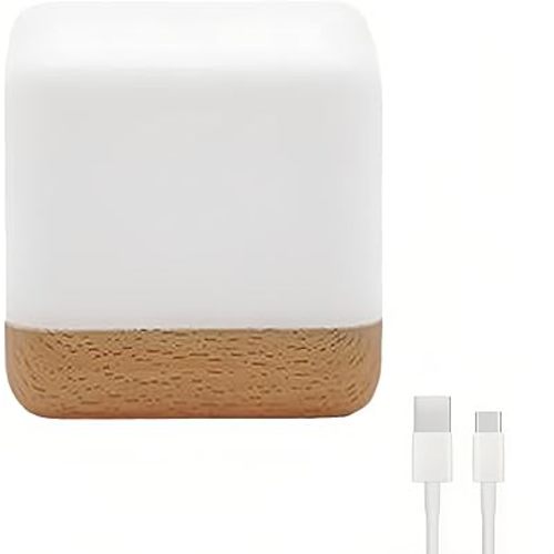 Lancoon Kid Lamp Beech Wood Color Bedroom Bedside Companion Flip Timer Night Light Simple Modern USB Rechargeable Sleep Light Nursery Lamp for Children Kids and Baby LED Cube Small Table Lamp