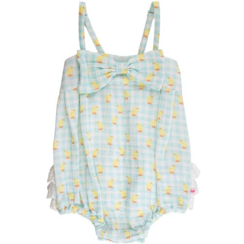 RuffleButts Baby/Toddler Girls Cotton Gauze Bow Front Bubble Woven Romper - Chirping Chicks Gingham, 3-6m