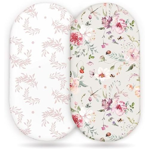 Stretch Ultra Soft Fitted Bassinet Sheet Set 2 Pack, Universal Fit for Bassinets Baby Cradle Moses Basket Oval Rectangle Mattress Safe and Snug, Beautiful Flowers and Insects Pattern for Baby Girls