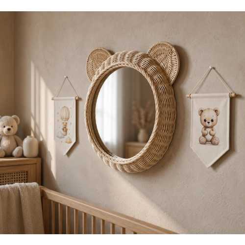 Teddy Bear Mirror With Banner Set , Montessori Baby Room Decor, Boho Nursery Wall Decor Set